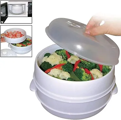 2 Tier Microwave Vegetable Steamer Cooker Healthy Pasta Rice Cooking Pot Pan • £12.95