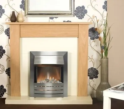 Electric Fire Oak Fireplace Surround Cream Hearth Brushed Steel Pebbles Bnib • £298.99