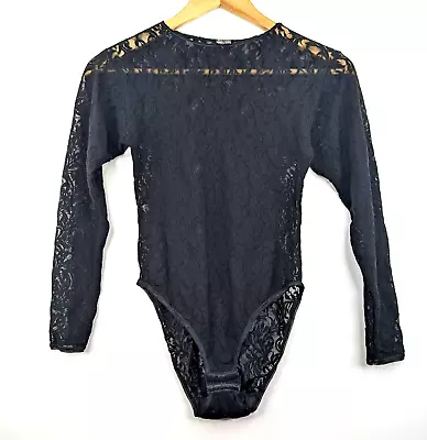 Vintage 90s Women Black Floral Semi-sheer Lace Leotard Size 8 Small Long Sleeve • $55