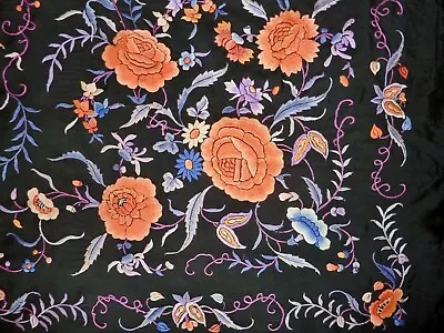 ANTIQUE Flamenco Manton De Manila SILK Embroidered PIANO SHAWL 7ft/2.2 Mts Sq XC • $717.64