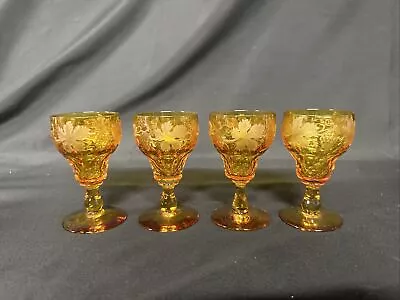 Vintage 4 Piece Amber Bohemian 4” Cordial Glasses Grapes And Grapevine Themed • $60