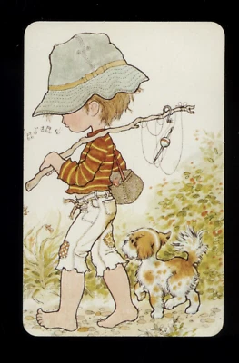 $4.50 • Buy Original Vintage Blank Back Sarah Kay Card Boy Off On Fishing Trip With Pet Dog