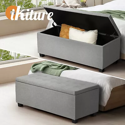 Oikiture Storage Ottoman Blanket Box Faux Linen Chest Toy Foot Stool LARGE • $130.90