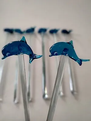 Set Of 8 Vtg MCM Hand Blown Glass Dolphin Swizzle Sticks 8  Nautical Porpoise • $25