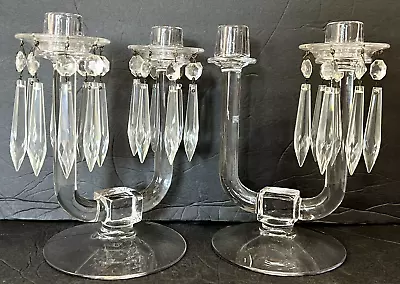 Pair Glass Candelabra Candlestick Holders W/bobeches And Prisms Vintage Baroque • $40.80