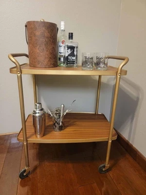 $125 • Buy Refurbished Vintage Mid Century  Cosco Wood Grain 2 Tier Utility Bar Cart