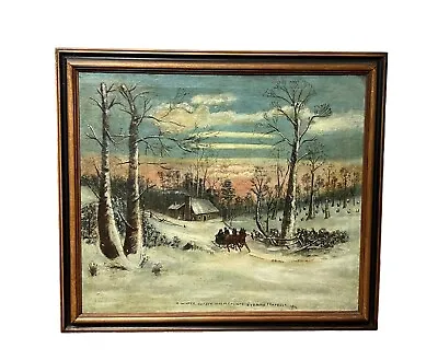 Antique Folk Art Oil Painting Of Horse Drawn Sleigh In Winter Scene New England • $875