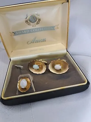 Vintage Anson Genuine Opal And Gold Tone Cuff Links And Tie Tack Set A+ Award  • $48.95
