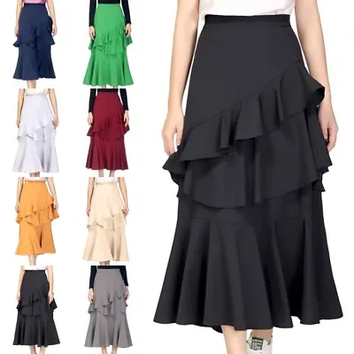 $24.29 • Buy Womens High Waist Ruffle Maxi Skirt Ladies Casual OL Work Solid Swing Midi Dress