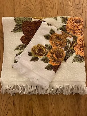 Vtg CANNON Bath & Hand Towel Set MCM Yellow Orange Brown Rose Floral Fringe • $23.99