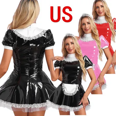 US Women's Wet Look Leather French Maid Costume Outfits Apron Fancy Mini Dress • $18.30