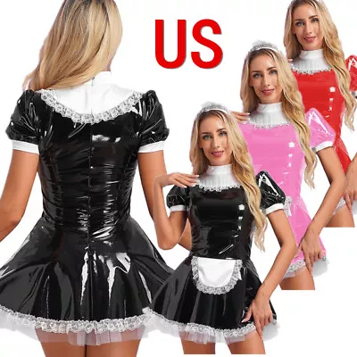 US Women's Wet Look Leather French Maid Costume Outfits Apron Fancy MiniDress • $5.18