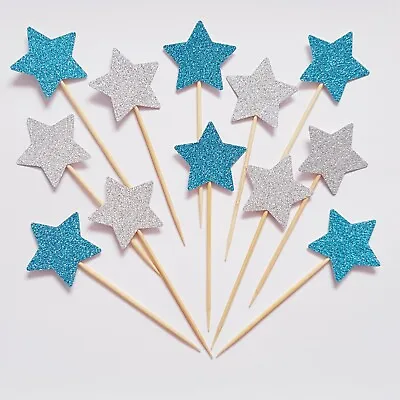 £2.85 • Buy 12 X GLITTER SILVER BLUE STARS  Cupcake Toppers Cake Decoration FROZEN Theme
