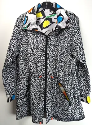 UBU Womens Small Reversible White Black Cheetah Raincoat Jacket Hood Cinch Waist • $22.49