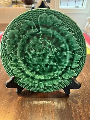 Atq Majolica Salad Plate Deep Emerald Malachite Green Leaves Basket Weave Rim 8” • $85