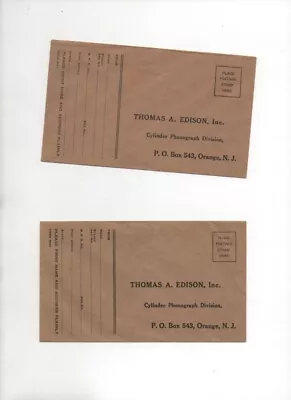 2 Vintage Thomas A. Edison Cylinder Phonograph Envelope Orange New Jersey • $10
