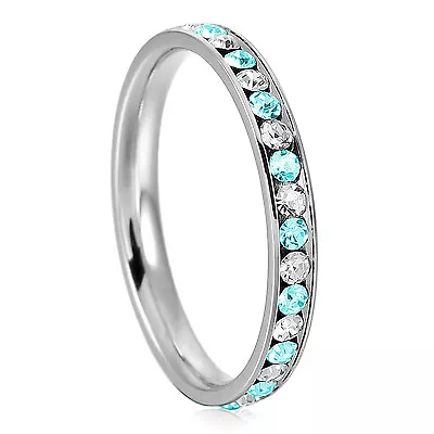 Stainless Steel Stackable Eternity Teal & White Crystal Rings 3MM • $8