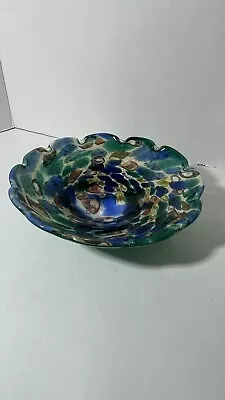 VINTAGE Italian Murano 9 1/2” Green/Blue Silver Flakes Tutti Frutti Style Bowl • $60