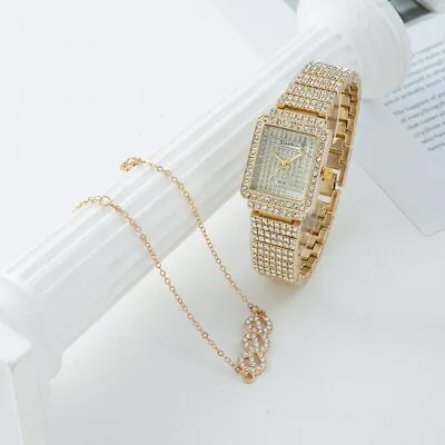 Gold Watch And Bracelet Set Ladies Women Girls Fashion Wristwatch Gift • £8.99