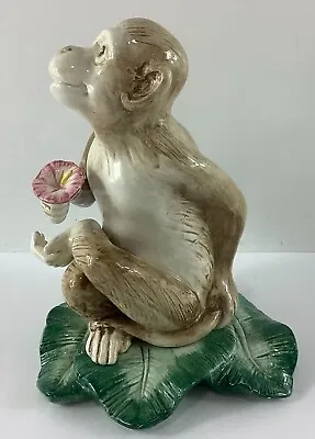 Monkey Holding Flower Sitting On Leaves Ceramic Bookend Figurine Home Decor • $63.71