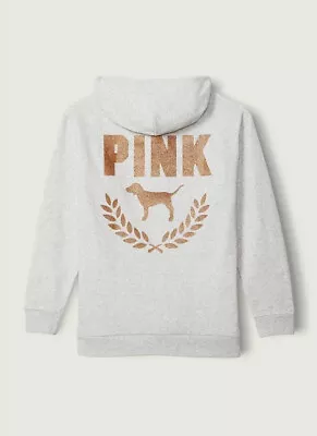 Victoria's Secret PINK Bling Campus Pullover Hoodie Heather Gray Gold Dog XS S M • $44.99