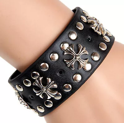 Mens Punk Gothic Biker Wide Leather Bracelet Braided Rivet Bangle Cuff Wristband • $7.89
