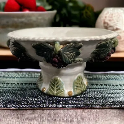 Vintage Majolica Grapes Leaves Pedestal Bowl Italian Large 11” Round X 6”H • $65