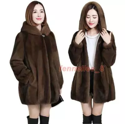 Women Faux Mink Fur Overcoat Mid Long Hooded Parka Coat Outwear Jacket Winter XL • $85.68