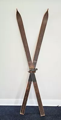 Vintage Antique Wooden 76  Snow Skis W/leather Straps! Great Decor Item! • $235