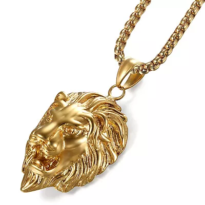 King Of Lion Necklace Yellow Gold Plated Stainless Steel Pendant For Men's Gift • $11.99