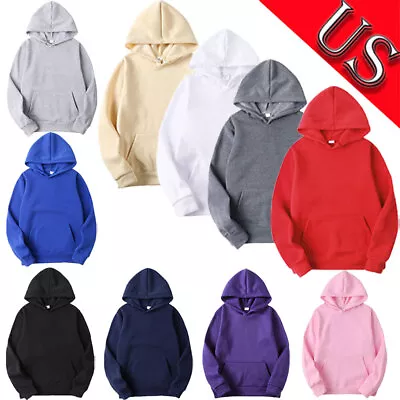 US Men Long Sleeves Drawstring Plain Hooded Sweatshirt Pullover Hoodie Thermal • $13.68