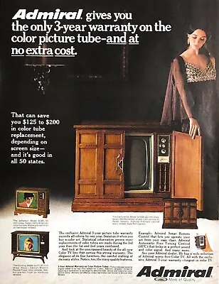 1968 Admiral Television Vintage Print Ad Color Tube TV 3 Year Warranty  • $8.99