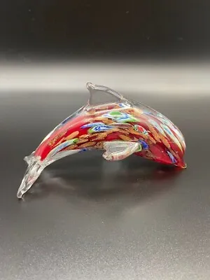 Vintage Murano Millefiori W/Gold Flecks Ruby Red Glass Dolphin Figurine • $34.99