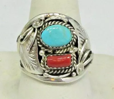 Native American Turquoise Coral Mens Ring Size 13 Signed L Spencer Navajo  #120 • $100