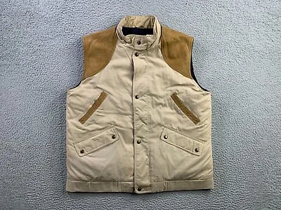 Vintage Eddie Bauer Vest Mens Large Beige Goose Down Leather Trim Western Yoke • $49.88