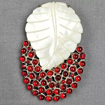 Vintage Large Mother Of Pearl Leaf Red Glass Cabochon Dress Fur Clip Silver Tone • $135