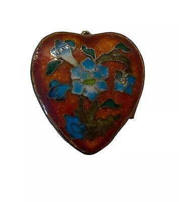 Vintage Gold Tone Brass Red Enamel Flower Cloisonne Heart Locket Trinket Box • $15