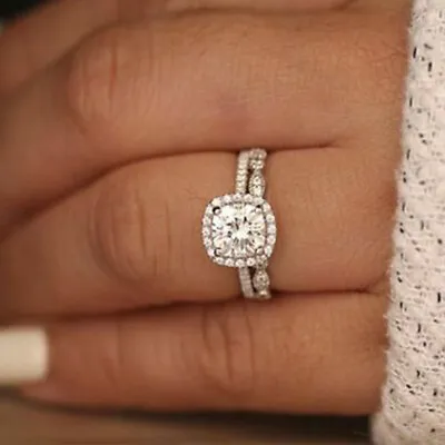 £99 • Buy 14k White Gold Finish 2.50 Ct Cushion Cut Diamond Engagement Wedding Ring Set