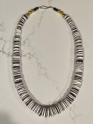 Native American Graduated White Wampum Quahog Shell Necklace Sapphires14KTGF • $100