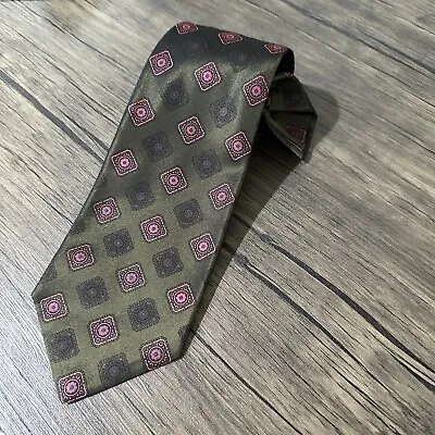 KITON Men's Sevenfold Silk Tie Geometric ITALY 7-Fold Necktie Olive Green Pink • $69