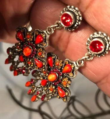 Vtg  Middle Eastern Design W/ Coral Accent Rhinestone Quarts Glass Earrings • $43