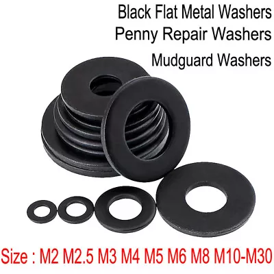 Black Flat Metal Washers Penny/Repair/Mudguard Washers For Bolts&Screws M2M3-M30 • £1.50