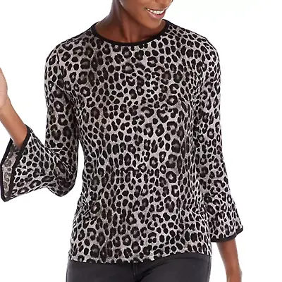 MICHAEL KORS L Gray Black Cheetah Print Silky Matte Jersey Bell Sleeve Top • $32.30
