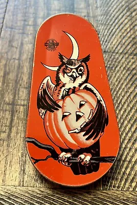 Vintage HALLOWEEN Tin Toy NOISEMAKER Owl & Pumpkin US Metal Toy MFG Co Kirchhof • $24.99