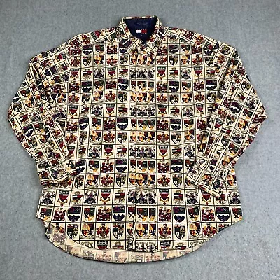 Vintage Tommy Hilfiger Shirt Large Crest All Over Print Button Up Men • $25.50