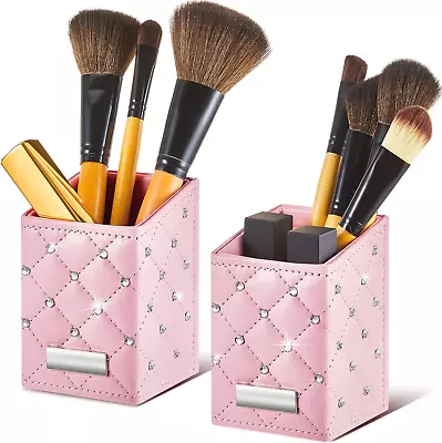 Makeup Brush Holder 2 Pcs Crystal Bling Brushes Cup PU Leather Waterproof Glitte • $28.38