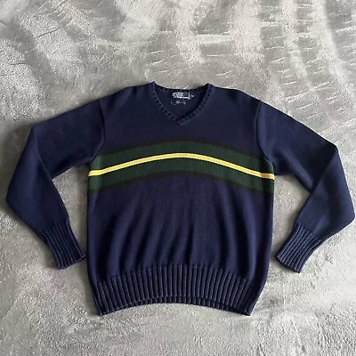 Vintage 90s Men’s Polo Ralph Lauren V Neck Blue Striped Sweater Size Medium • $19.99