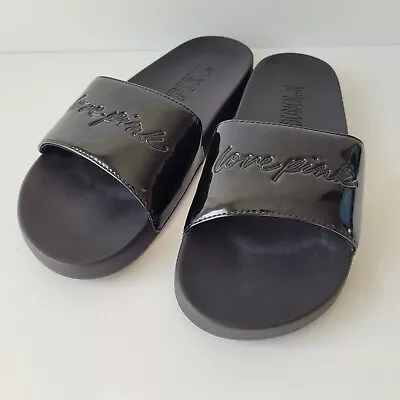 Victoria's Secret PINK Black Rubber Slide Sandals Slipper Flip Flops Size L 8-10 • $13.99
