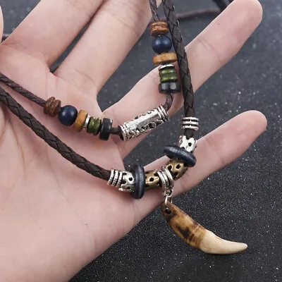 Men's Vintage Wolf Tooth Pendant Beaded Multilayer Leather Rope Necklace Jewelry • $3.97