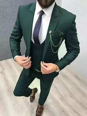 Mens 3 Piece Suit Green Groom Wedding Suit Evening Party Wear Dinner Coat Pants • £179.28